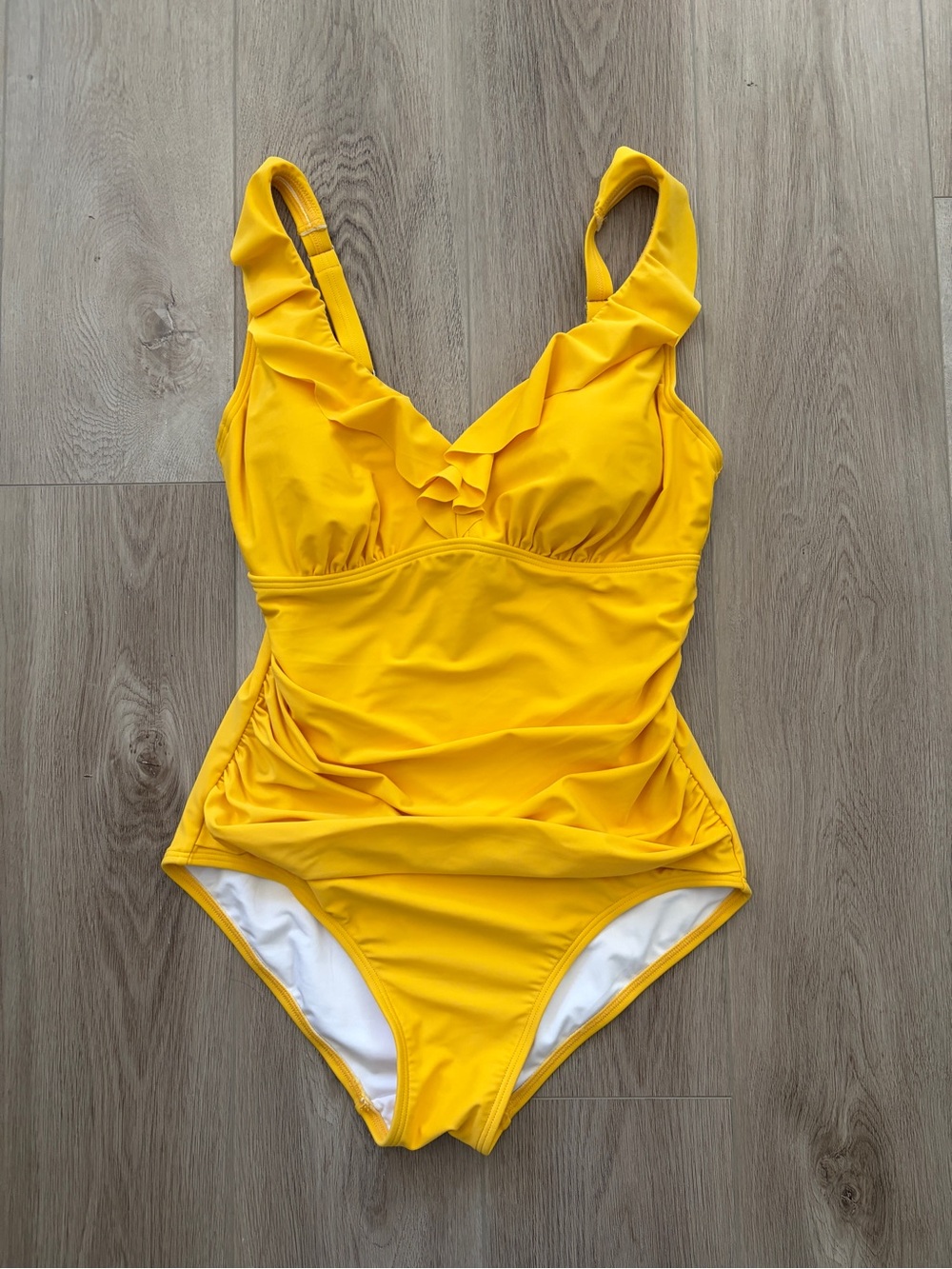 DKNY Wonen's Yellow Ruffle-Trim One-Piece Swimsuit Size 14